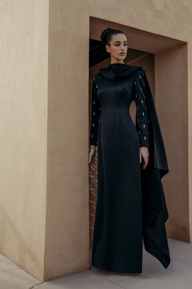Embroidered satin maxi dress with draped collar – Rasario