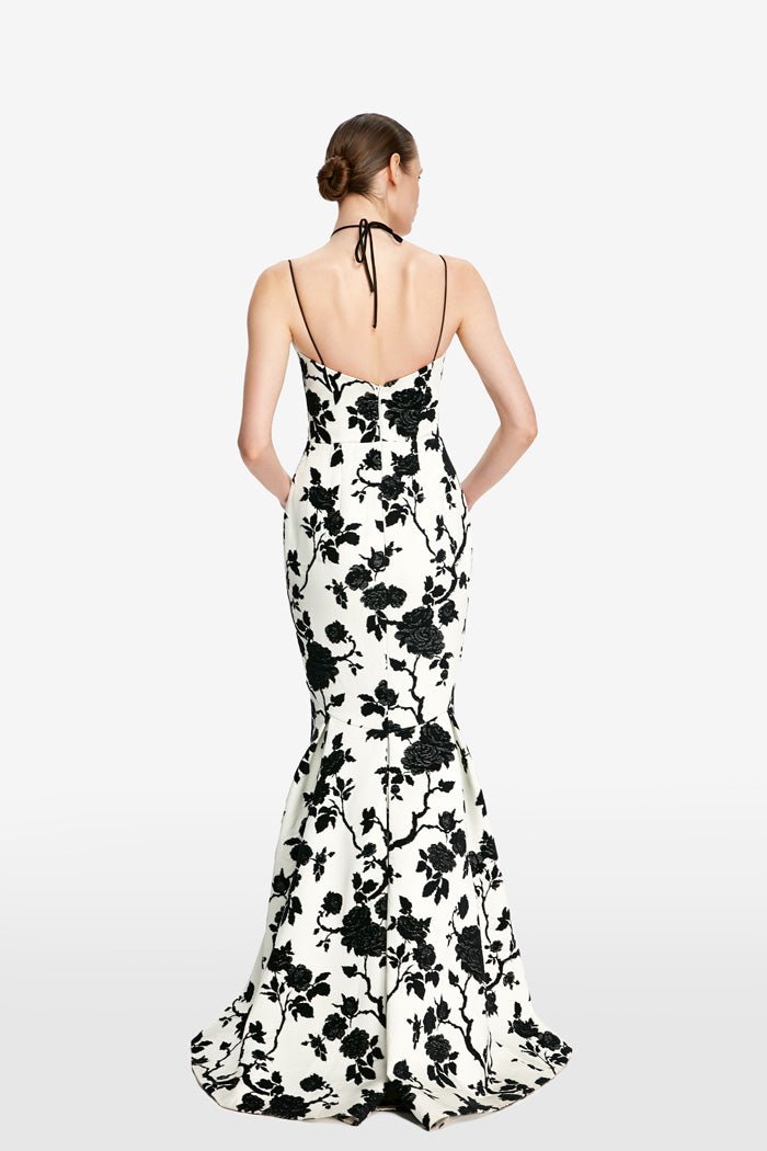 Floral jacquard and crepe maxi dress with voluminous skirt and train – Rasario