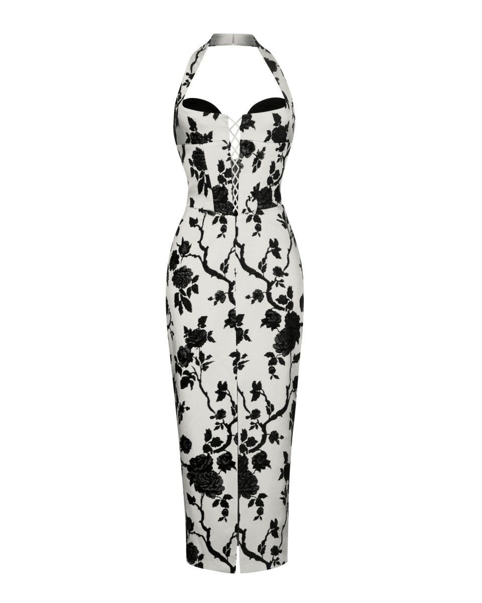 Floral jacquard and crepe midi dress with lacing – Rasario