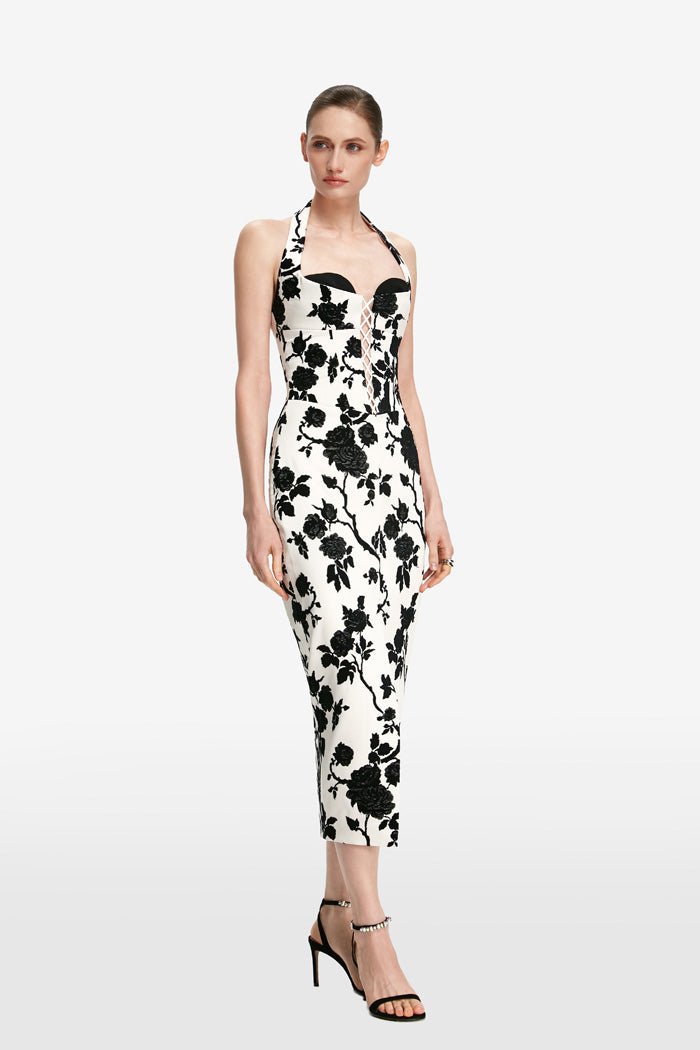Floral jacquard and crepe midi dress with lacing – Rasario