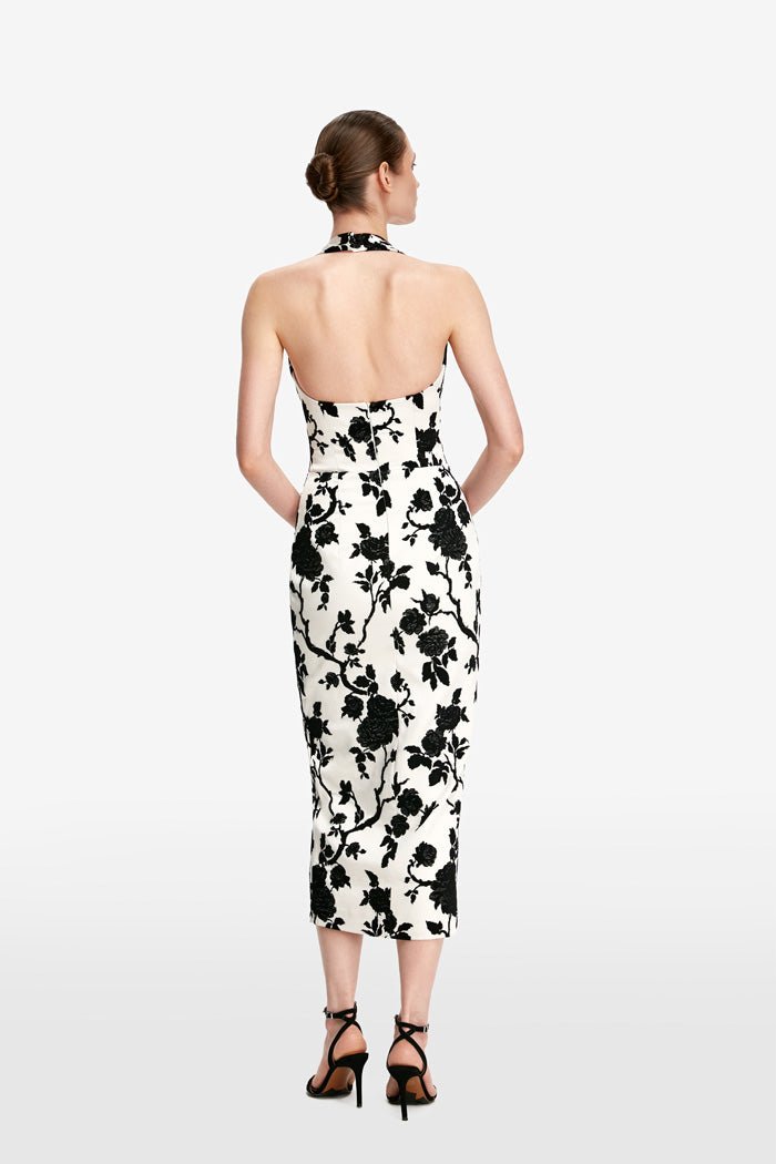 Floral jacquard and crepe midi dress with lacing – Rasario