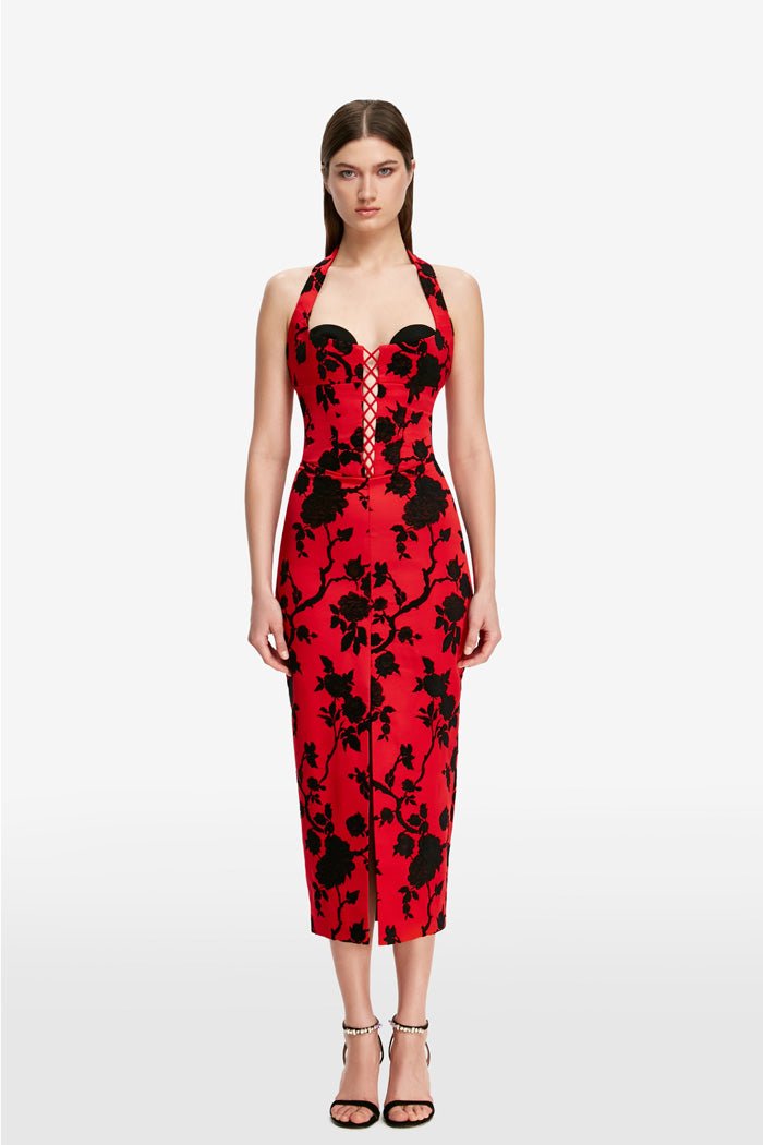 Floral jacquard and crepe midi dress with lacing – Rasario