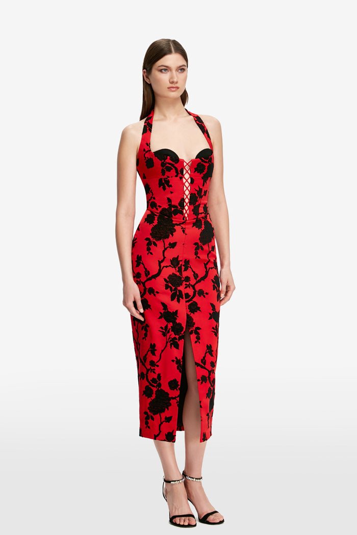 Floral jacquard and crepe midi dress with lacing – Rasario