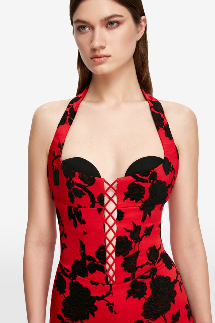 Floral jacquard and crepe midi dress with lacing – Rasario