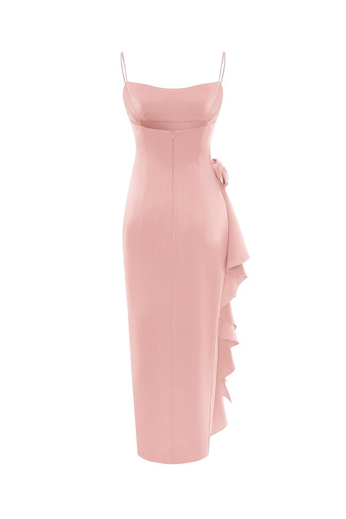 Flower embellished draped satin midi dress – Rasario