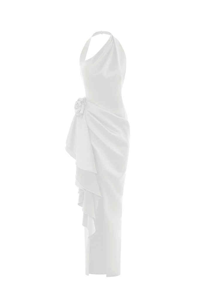 embellished asymmetric maxi dress in white Flower satin – Color: – RASARIO Online Boutique 34 (FR) / White Modal Ruched A-Line Micro age 12M-2Y Production Time:35 Days out and draped ruching