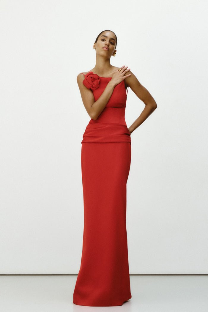 Flower embellished satin maxi dress with an opened back – Rasario