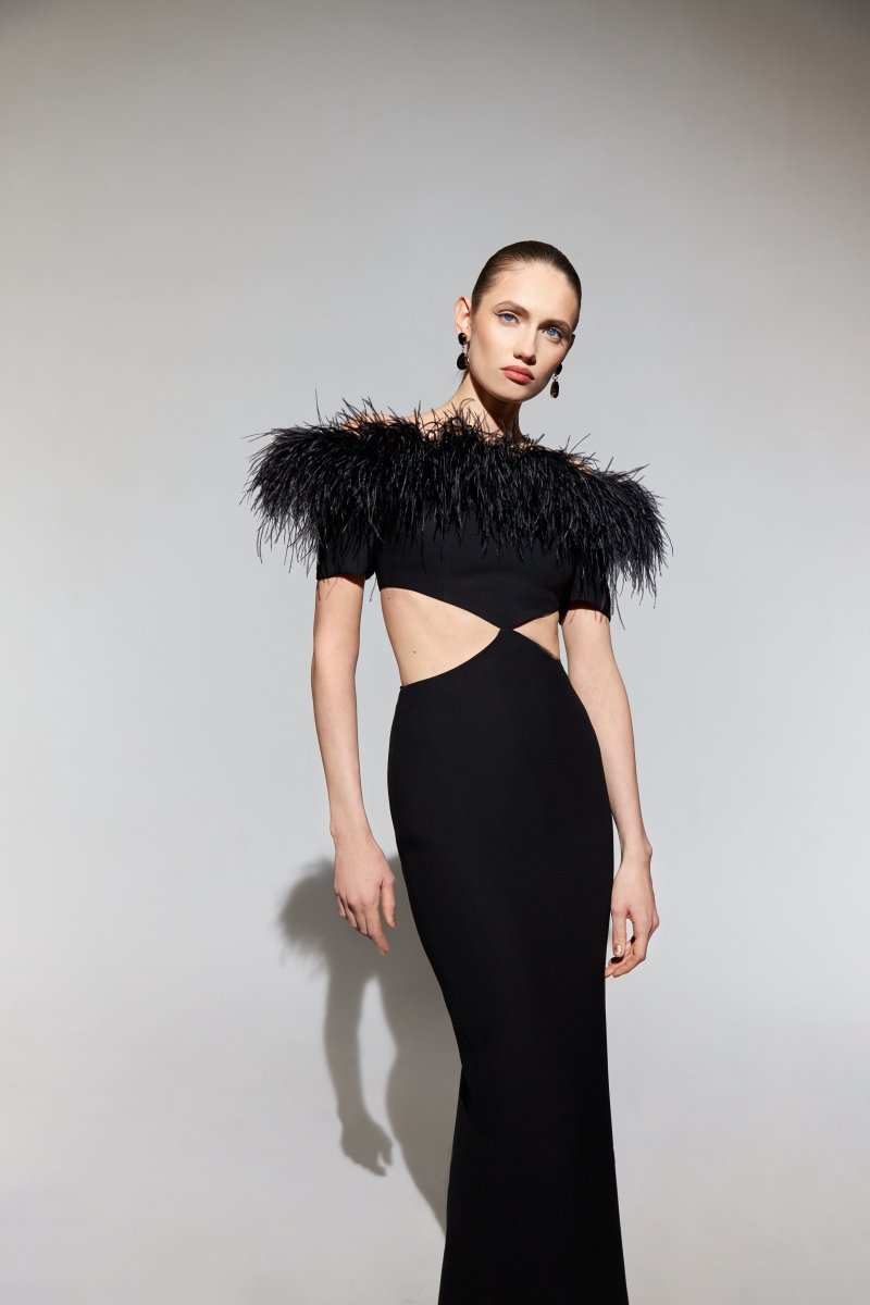 Fringe crepe maxi dress with cutouts – Rasario