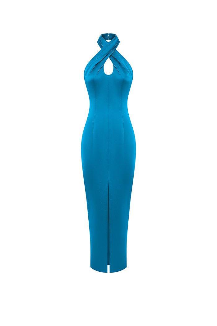 Halter-neck satin long midi dress – Rasario