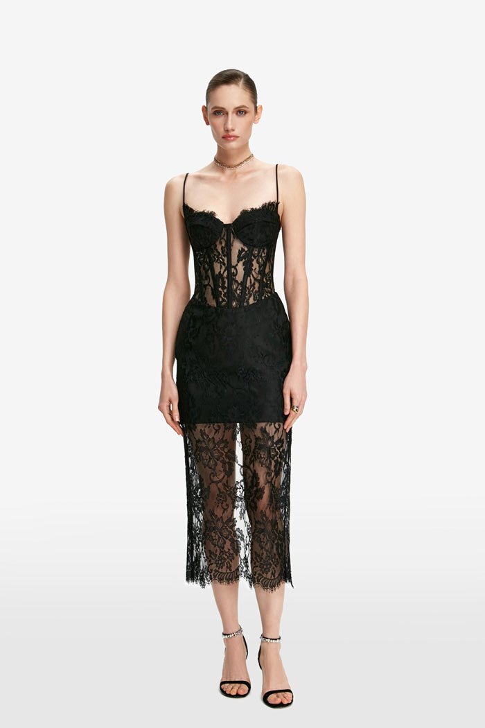 Lace and satin corset midi dress – Rasario