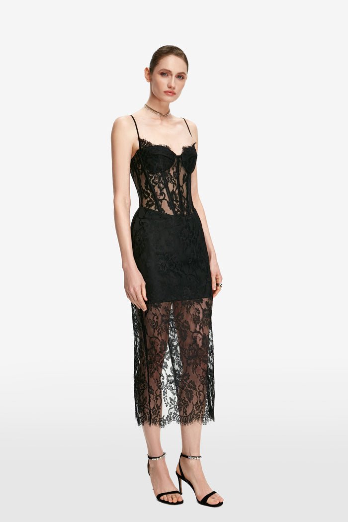 Lace and satin corset midi dress – Rasario