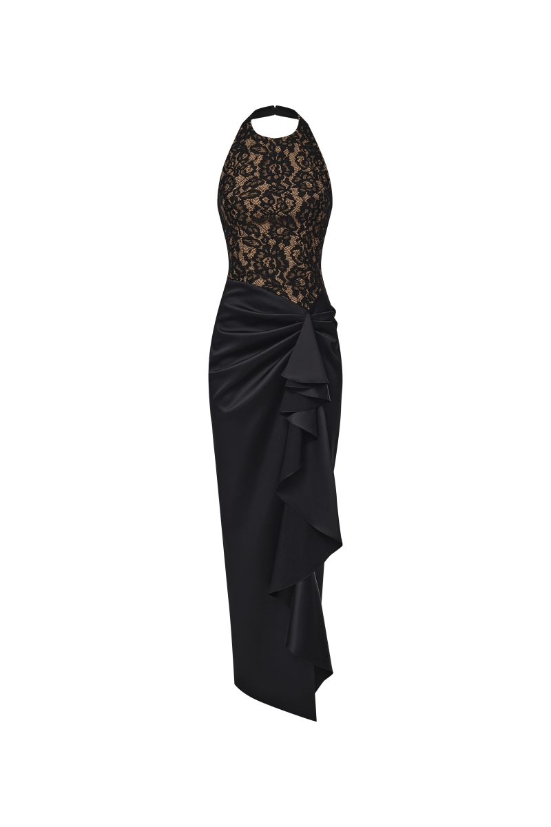 Lace and satin draped maxi dress with ruffle – Rasario