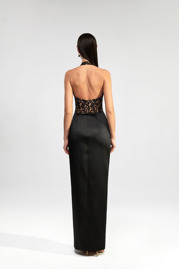 Lace and satin draped maxi dress with ruffle – Rasario