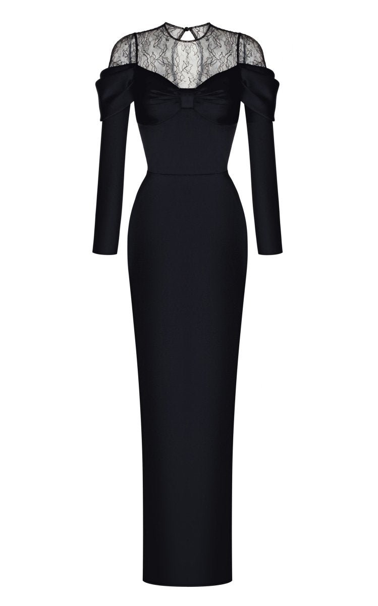 Lace and satin maxi dress with draped sleeves – Rasario