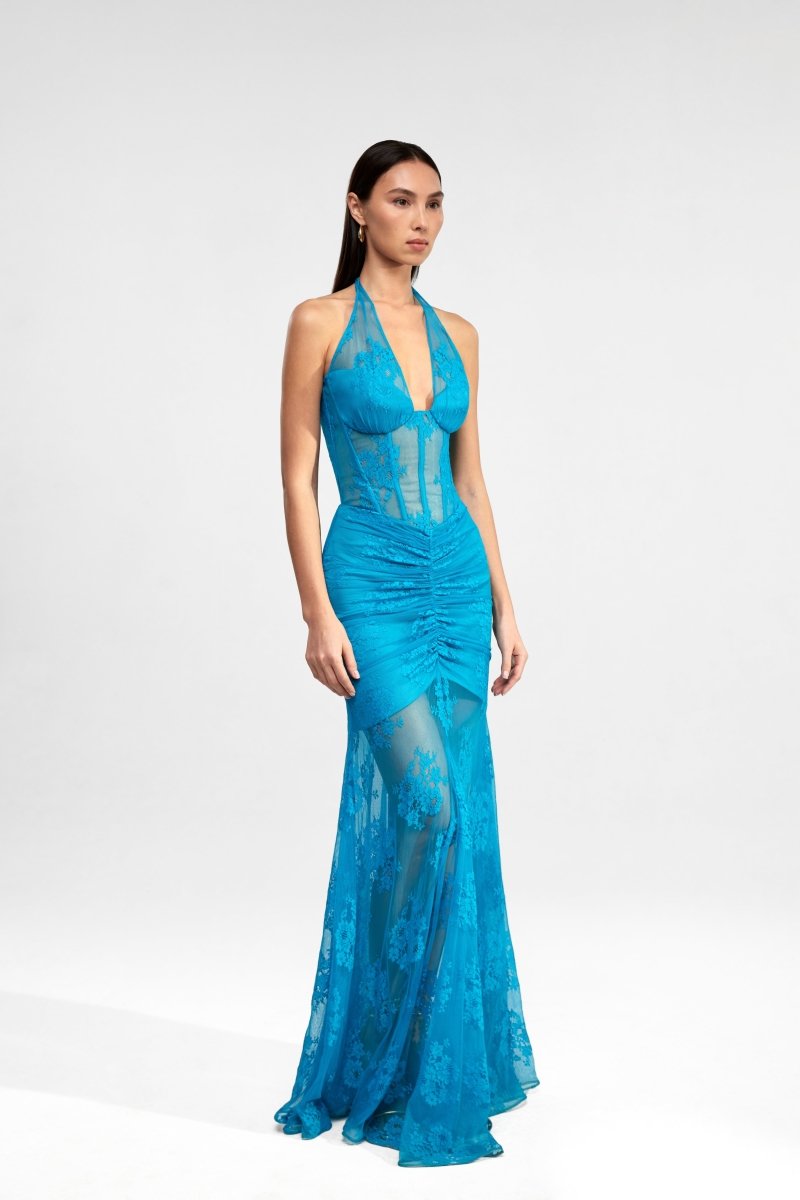 Lace corset maxi dress with draped skirt – Rasario