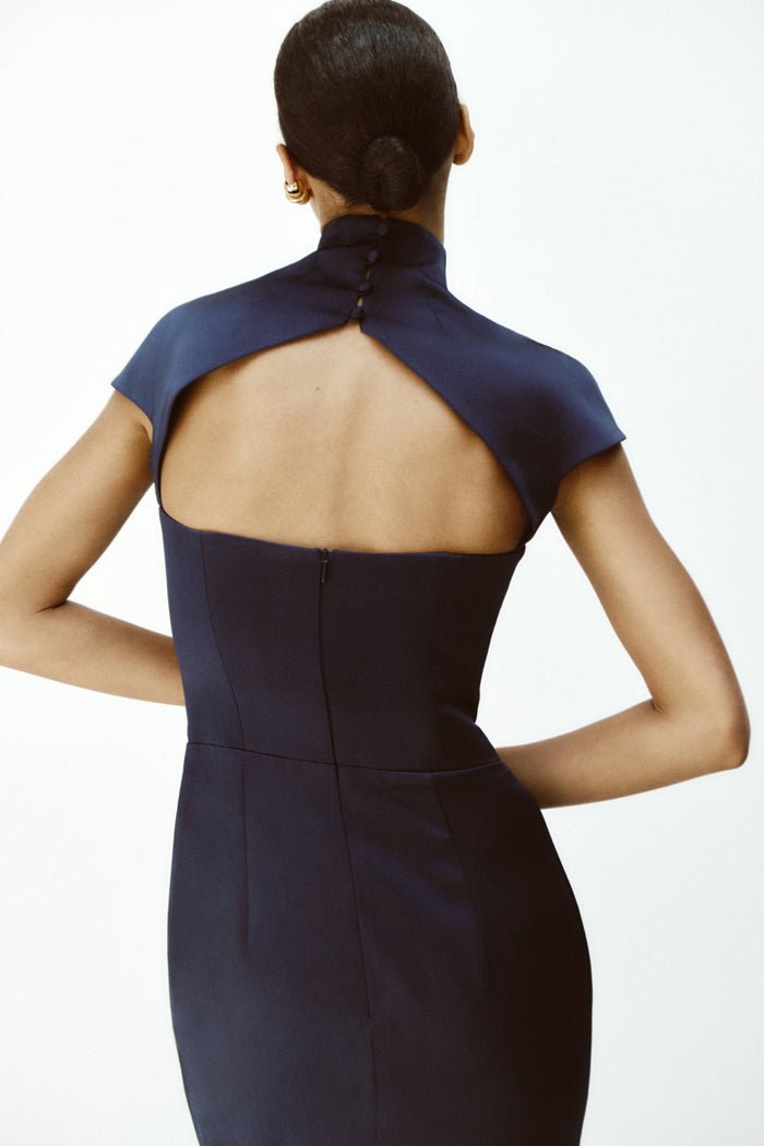 Long midi corset satin dress with a side slit – Rasario