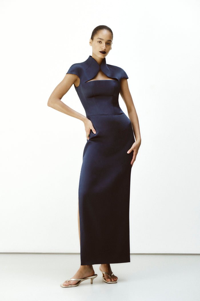 Long midi corset satin dress with a side slit – Rasario