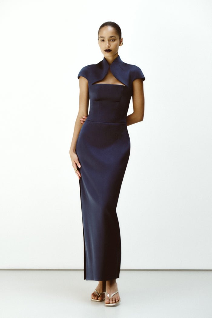 Long midi corset satin dress with a side slit – Rasario