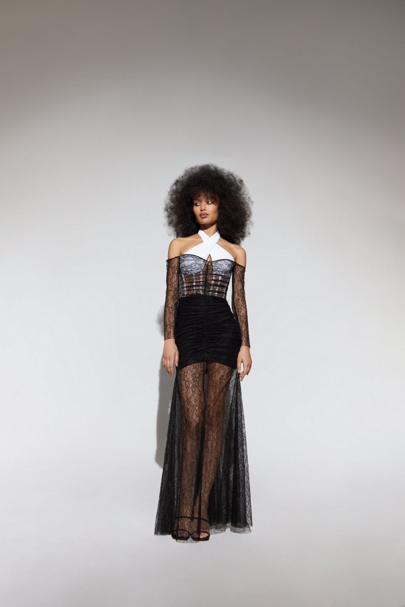 Off-the-shoulder crepe and lace corset maxi dress – Rasario