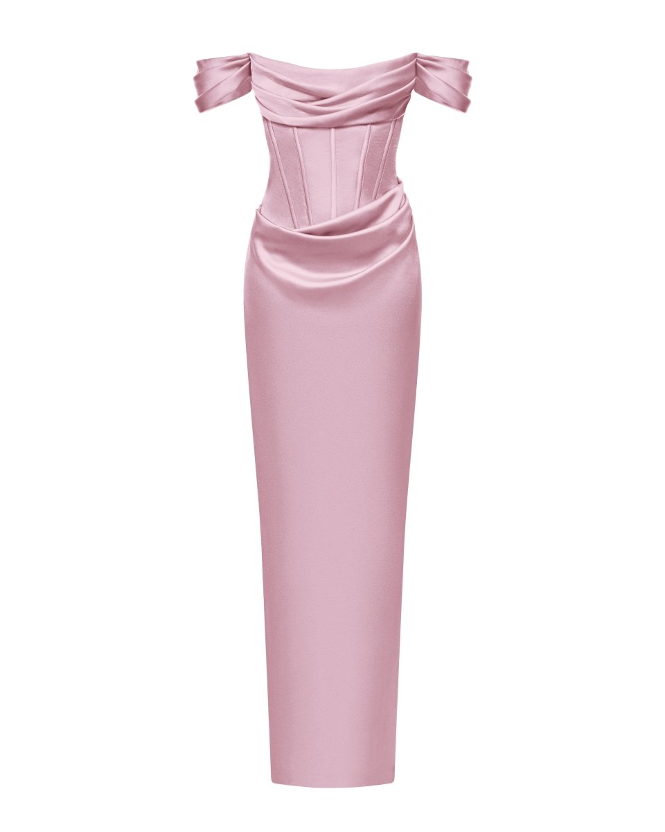 Off-the-shoulder draped corset satin gown – Rasario