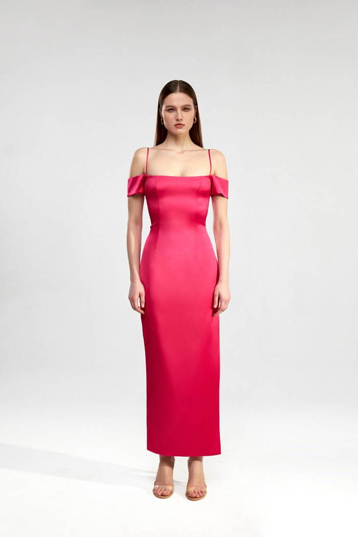 Off-the-shoulder draped satin long midi dress – Rasario