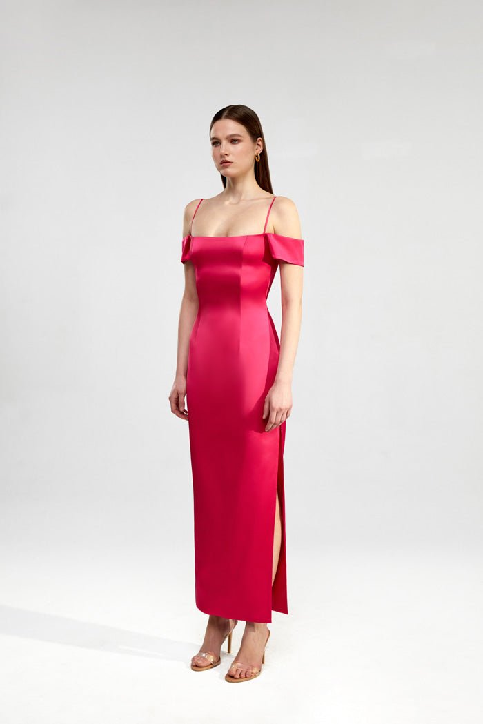 Off-the-shoulder draped satin long midi dress – Rasario