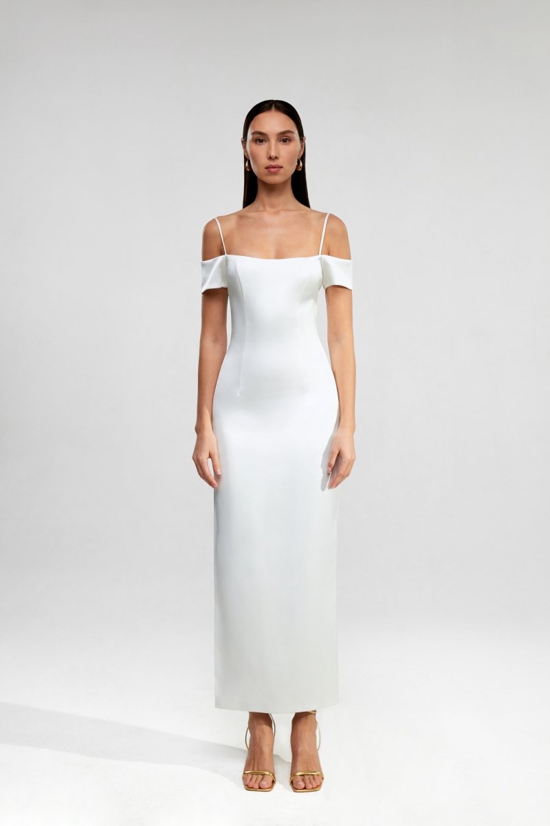 Off-the-shoulder draped satin long midi dress – Rasario