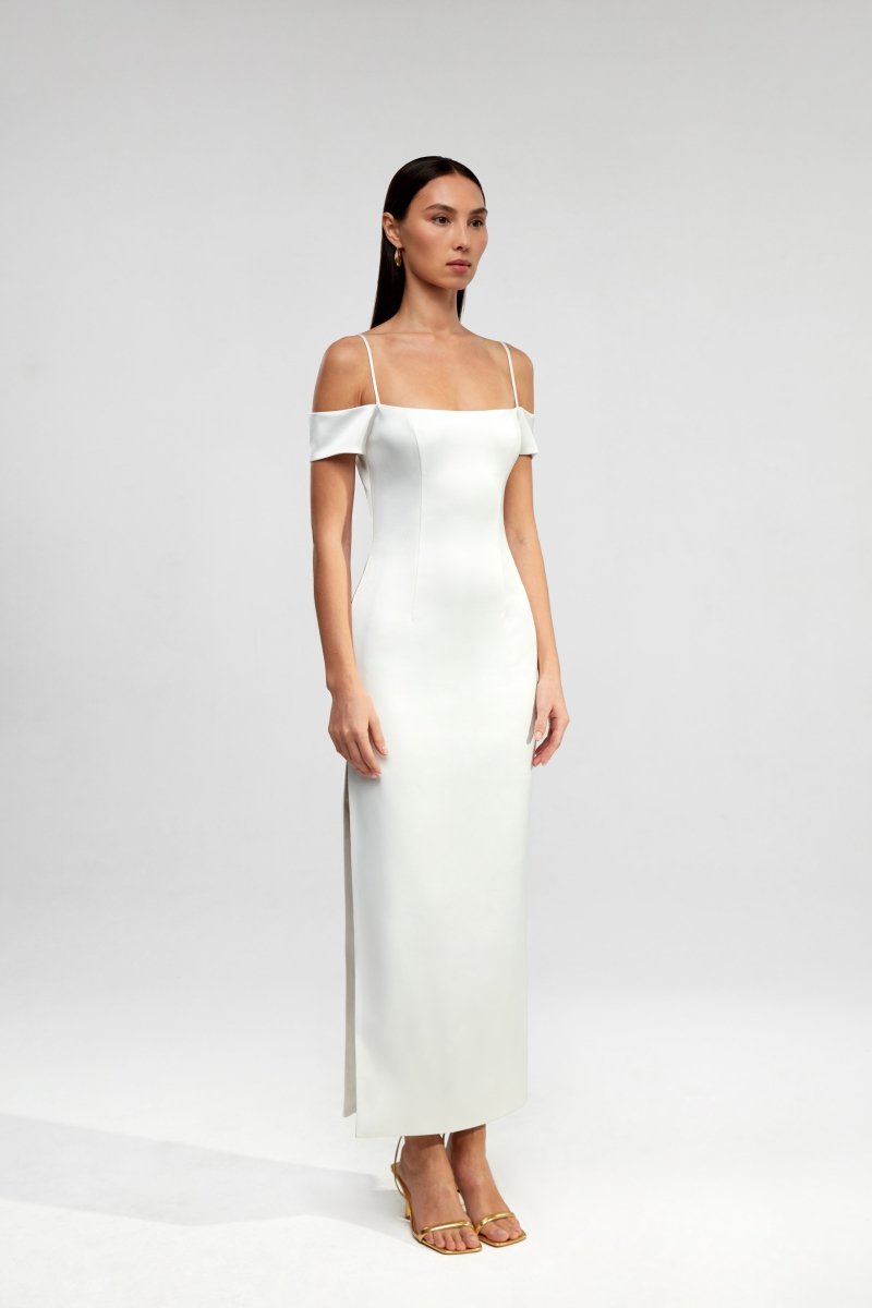 Off-the-shoulder draped satin long midi dress – Rasario