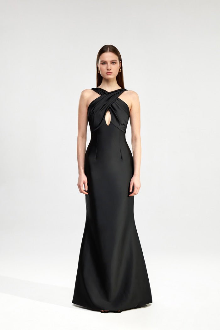 Open-back satin maxi dress with halterneck – Rasario