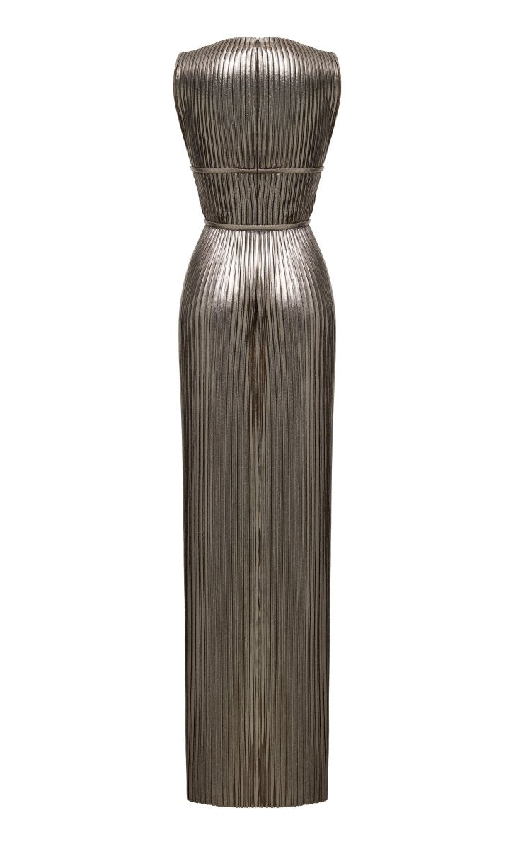 Pleated maxi dress trimmed with edging – Rasario