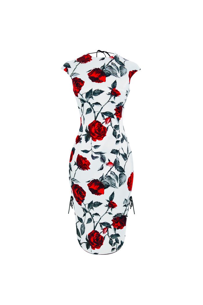 Printed satin long midi dress with an opened back – Rasario