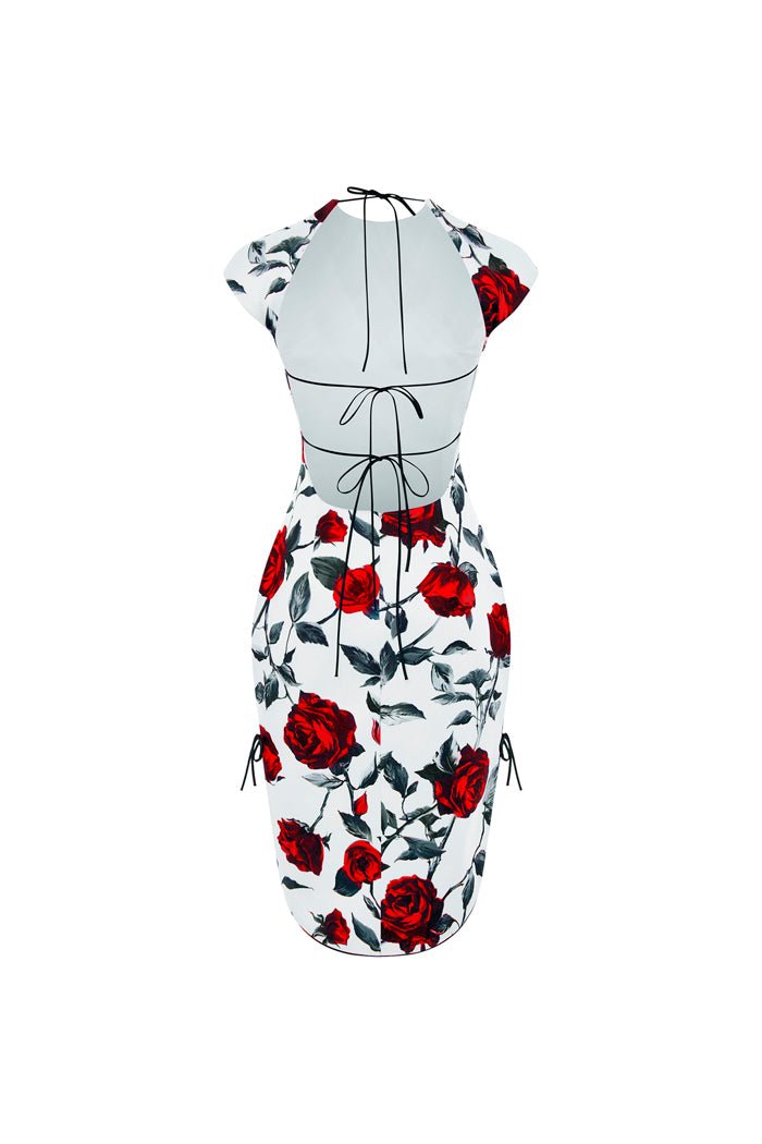 Printed satin long midi dress with an opened back – Rasario