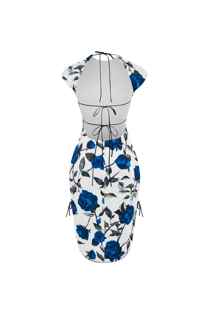 Printed satin long midi dress with an opened back – Rasario