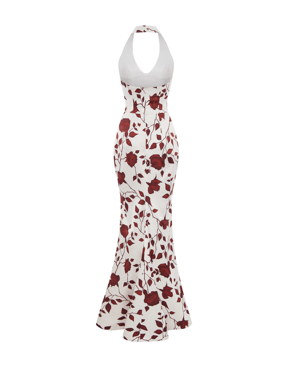 Printed satin maxi dress with train – Rasario