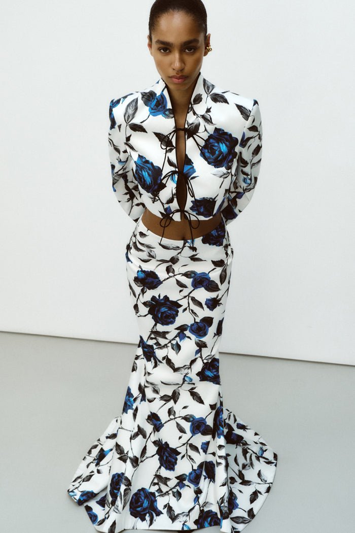 Printed satin maxi skirt with a train – Rasario