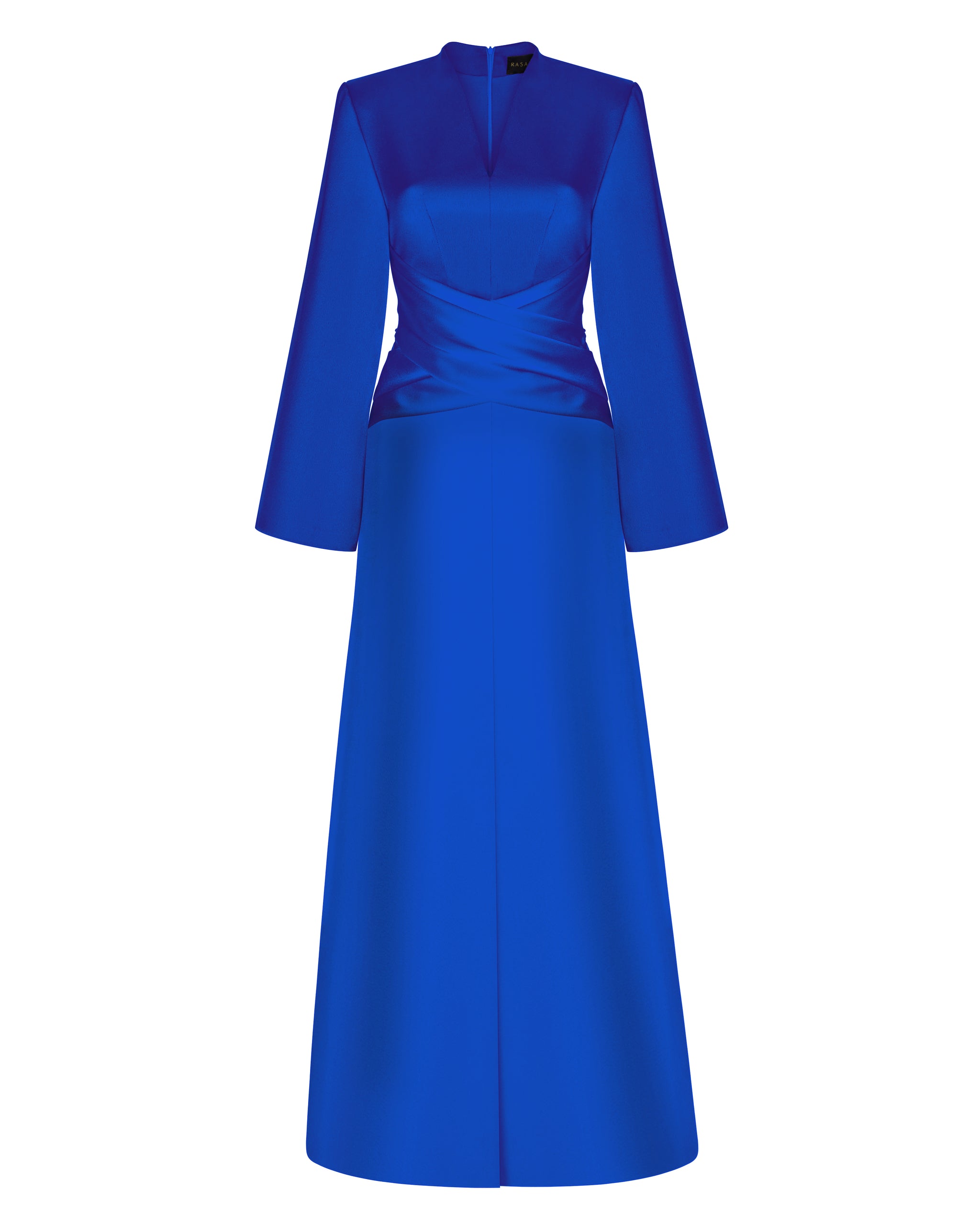 Satin front-slit maxi dress with draped belt Satin front-slit maxi dress with draped belt