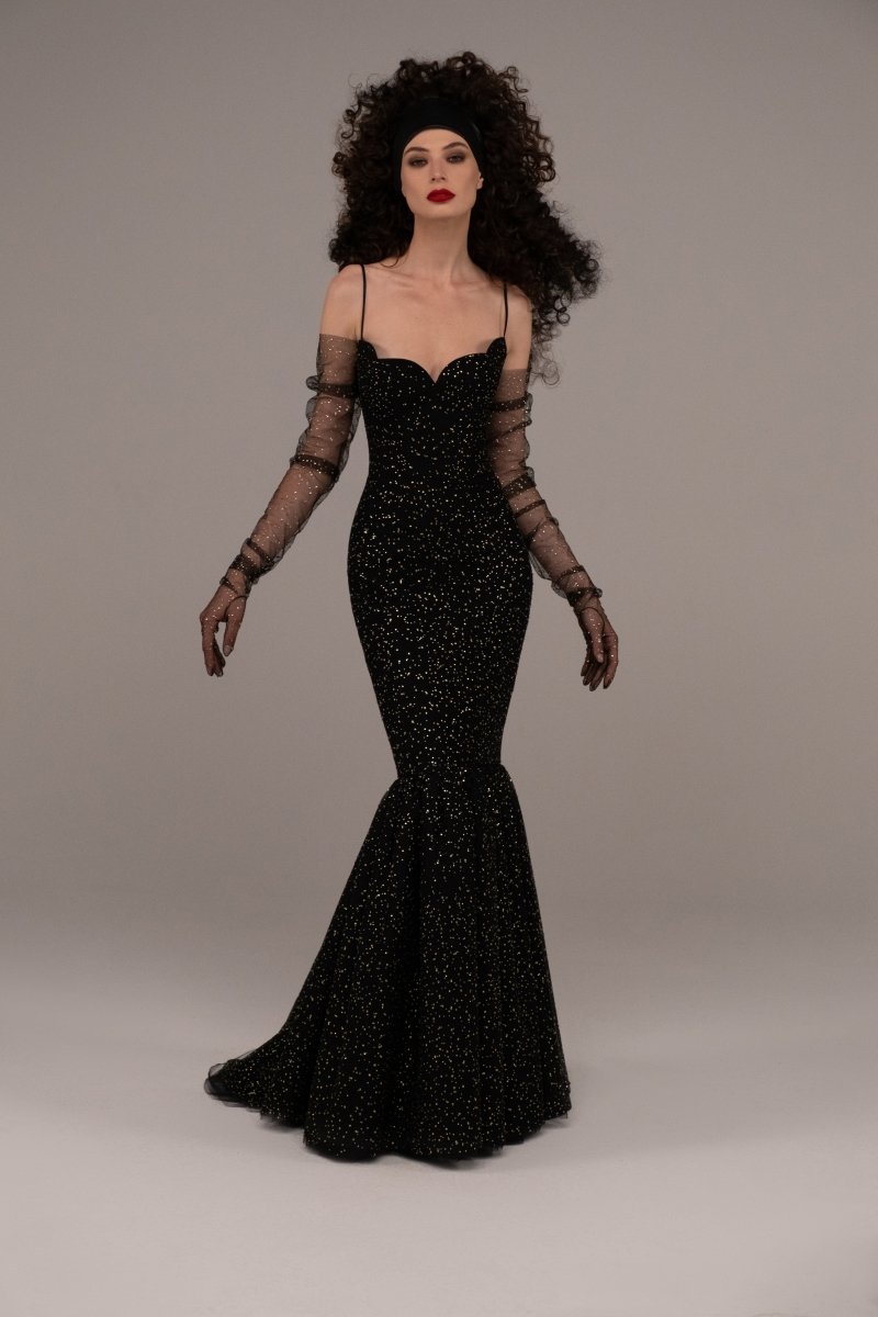 Rhinestone tulle maxi dress with train – Rasario