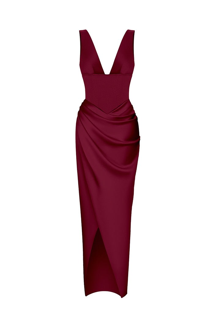 Satin long midi dress with a draped skirt – Rasario