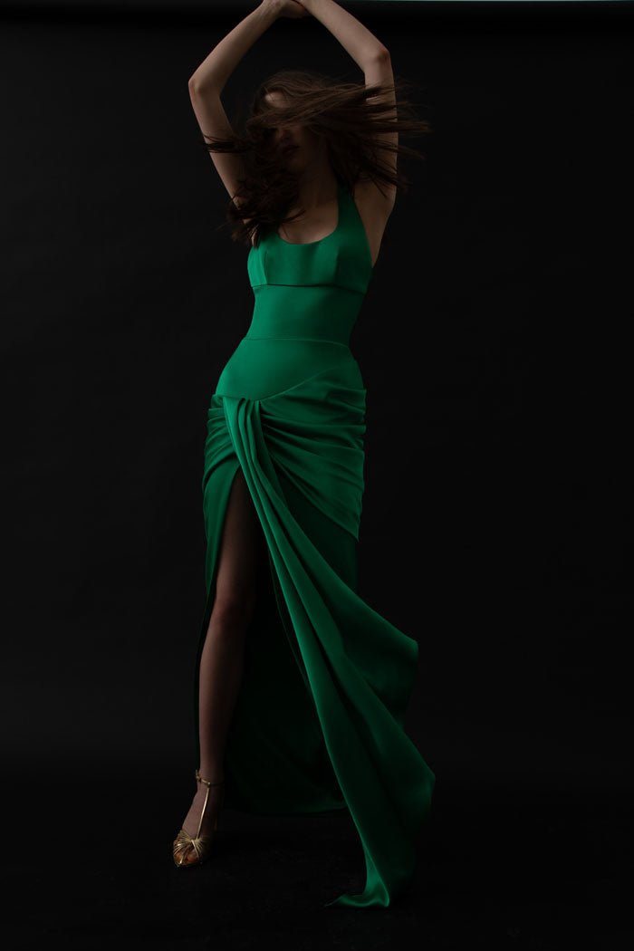 Satin maxi dress with a train – Rasario