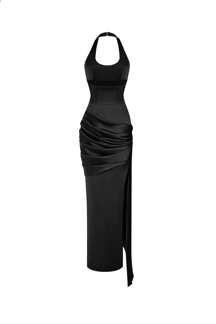 Satin maxi dress with a train – Rasario