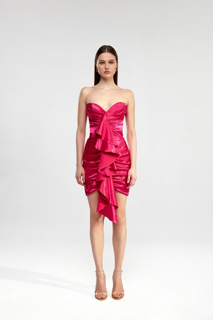 Satin mini dress with ruffle – Rasario