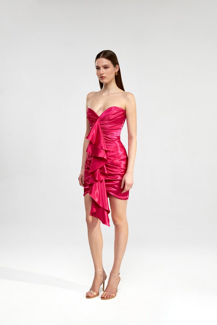 Satin mini dress with ruffle – Rasario