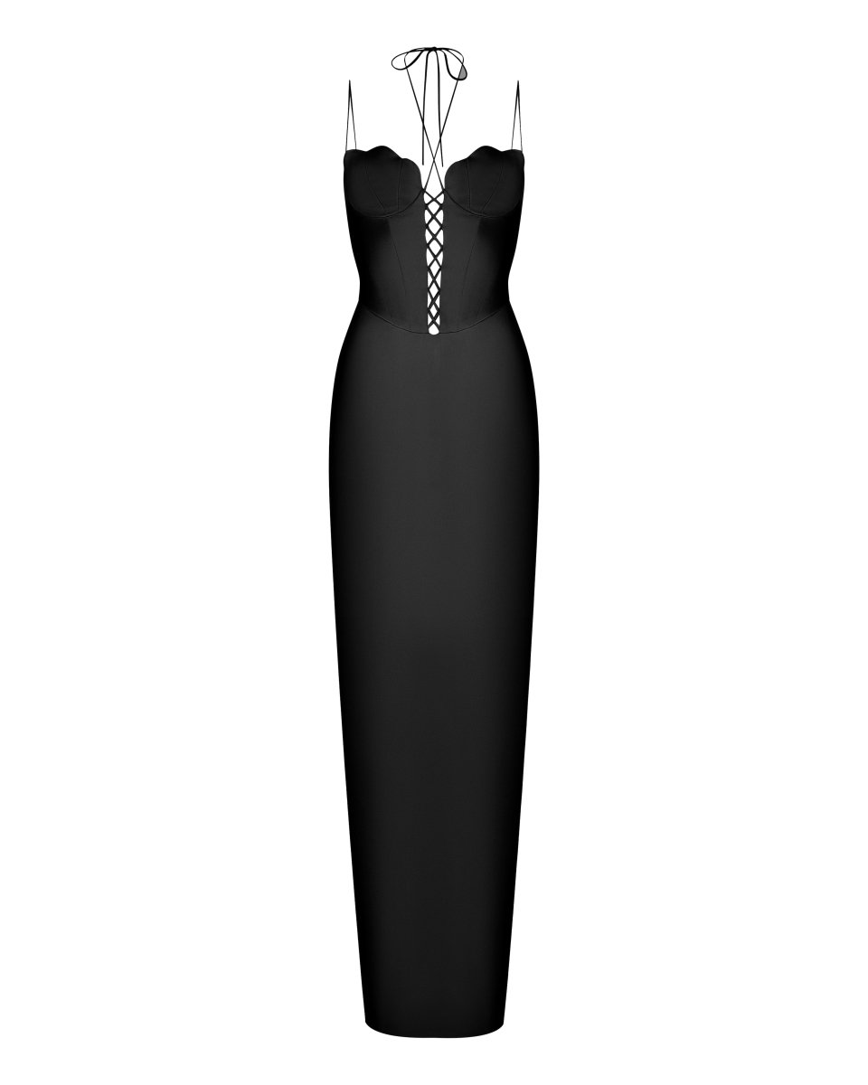 Seashell bustier satin maxi dress with lacing – Rasario