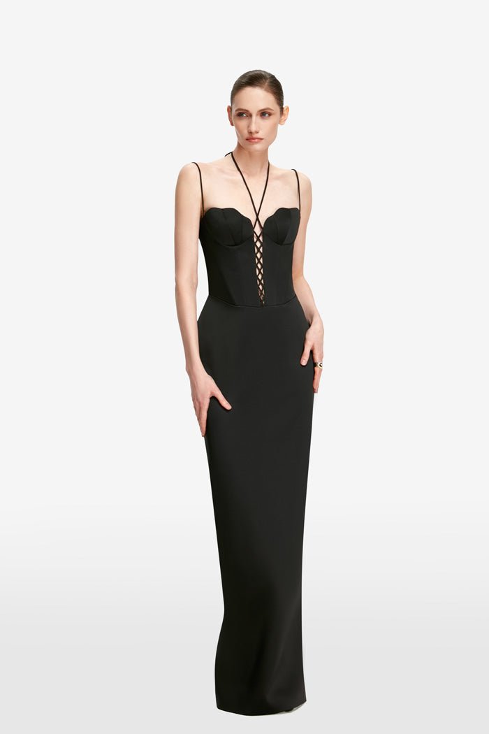Seashell bustier satin maxi dress with lacing – Rasario