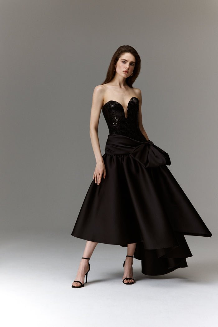 Sequined corset long midi dress with asymmetric skirt – Rasario