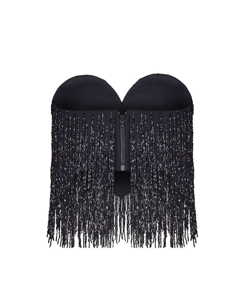 Sequined crepe corset top with beaded fringe with fringe – Rasario