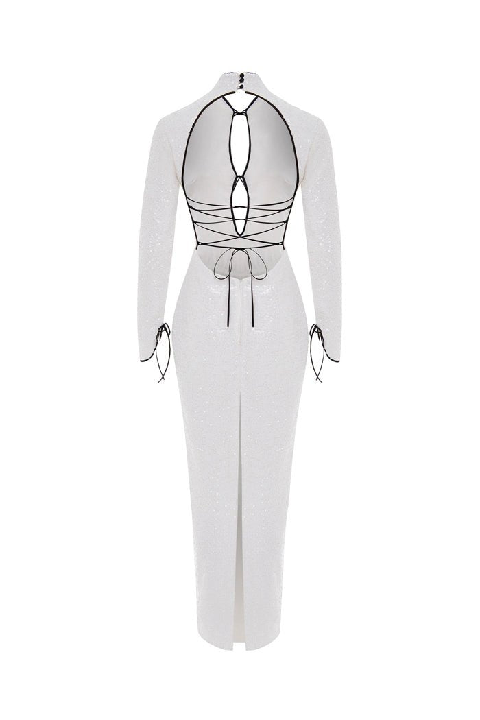 Sequinned long midi dress with cutouts and opened back – Rasario