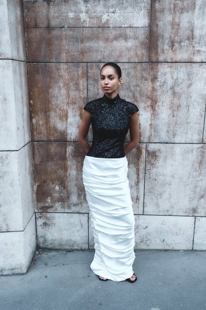 Sequinned maxi dress with a draped skirt – Rasario