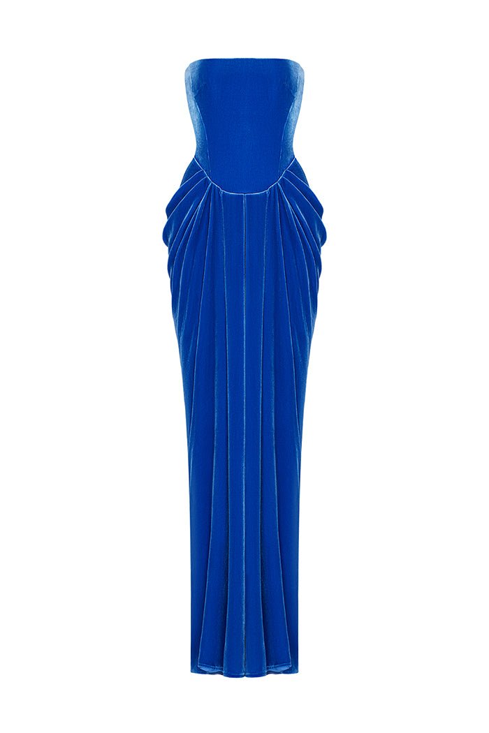 Velvet corset maxi dress with a draped skirt – Color: Blue – RASARIO Online Boutique 42 (FR) / Blue