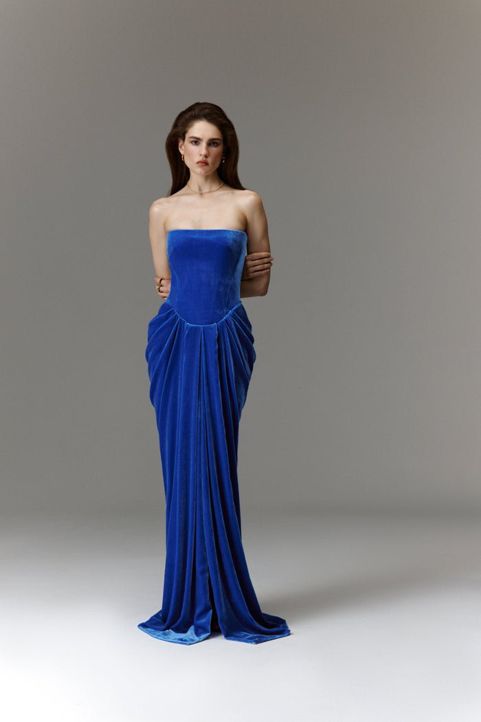 Velvet corset maxi dress with a draped skirt – Rasario